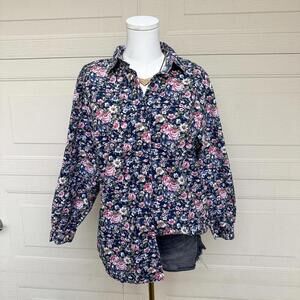 Vintage Capacity Floral Button Front Blouse Women’s (L) Rose Print 100% Cotton